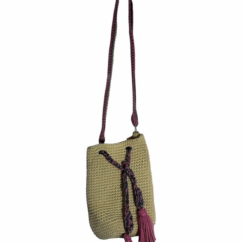 Handwoven Crossbody Bag in Olive Green with Purple Accents